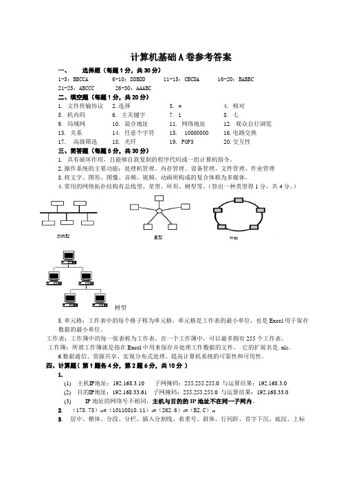 2011-2012(1)计算机基础理科试卷(A)参考答案