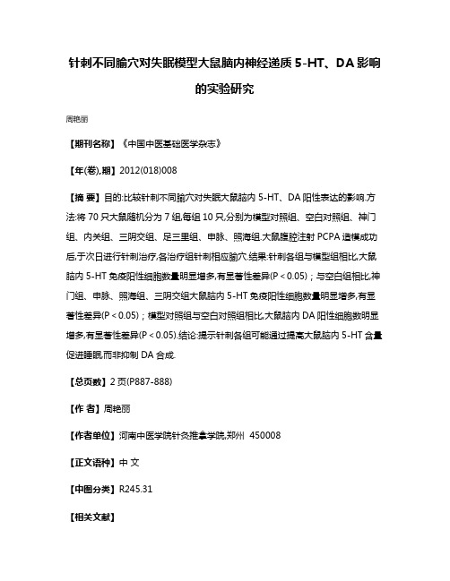 针刺不同腧穴对失眠模型大鼠脑内神经递质5-HT、DA影响的实验研究