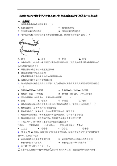 北京师范大学附属中学八年级上册生物 期末选择题试卷(带答案)-百度文库