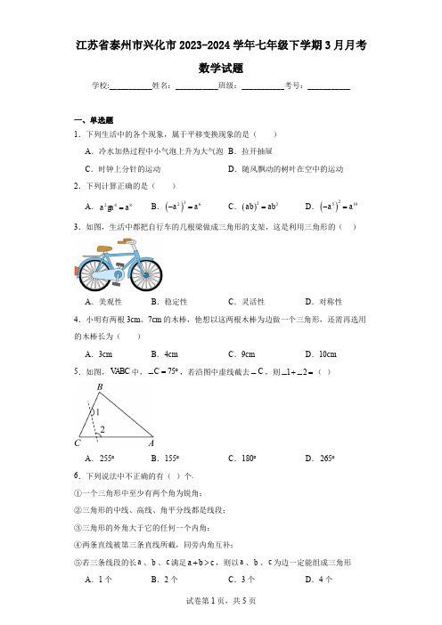 江苏省泰州市兴化市2023-2024学年七年级下学期3月月考数学试题