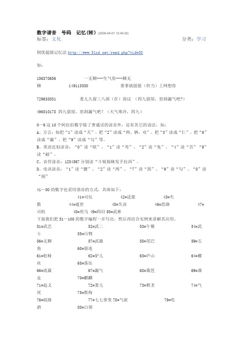 数字谐音号码记忆