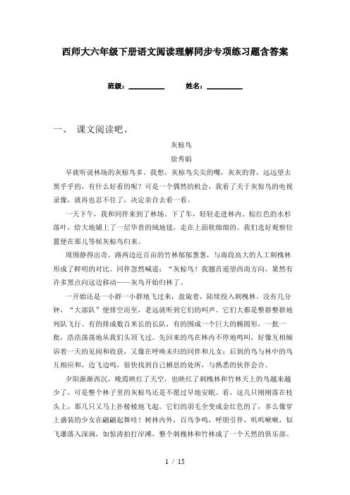 西师大六年级下册语文阅读理解同步专项练习题含答案