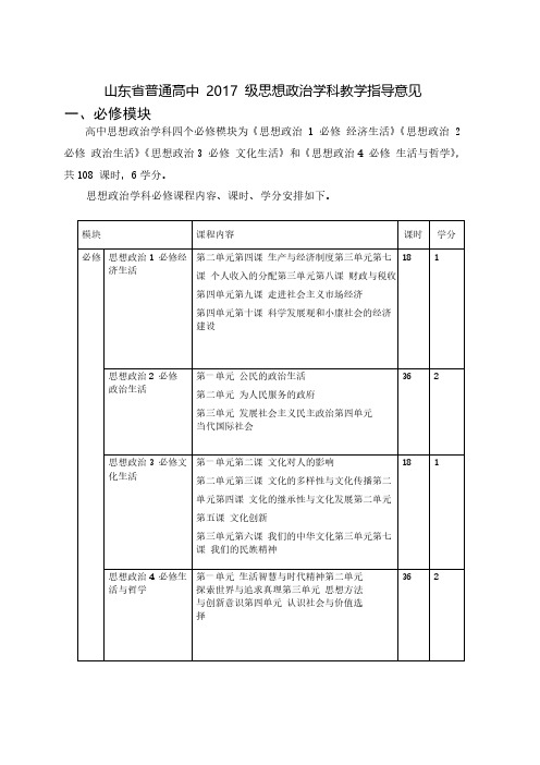 京津鲁琼四省普通高中 2017 级思想政治学科教学指导意见