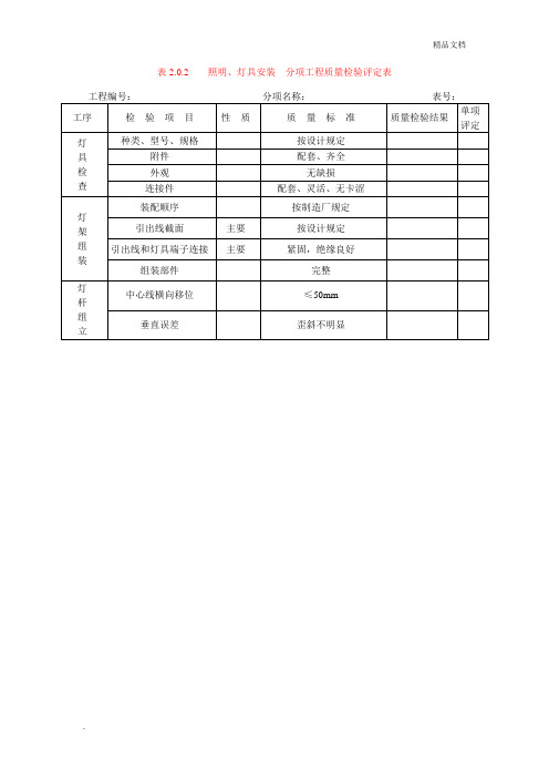 照明、灯具安装  分项工程质量检验评定表