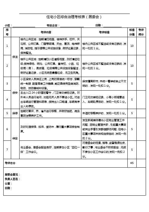 住宅小区综合治理考核表(居委会)