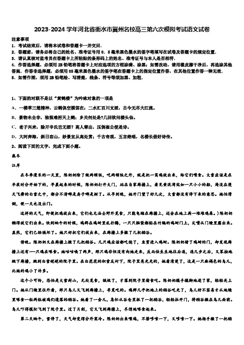 2023-2024学年河北省衡水市冀州名校高三第六次模拟考试语文试卷含解析