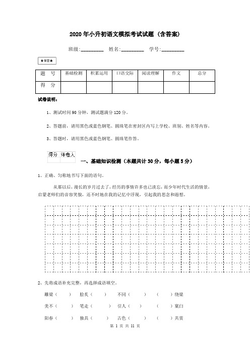 2020年小升初语文模拟考试试题 (含答案)