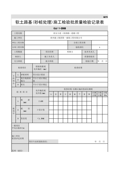 软土路基(砂桩处理)施工检验批质量检验记录表