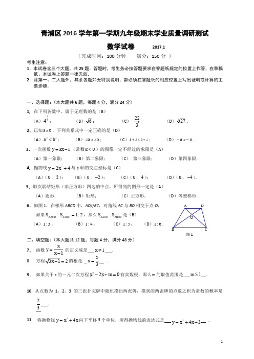 上海市2017青浦区初三数学一模试卷(含答案)