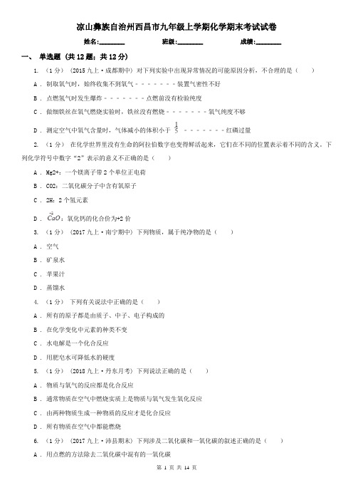 凉山彝族自治州西昌市九年级上学期化学期末考试试卷