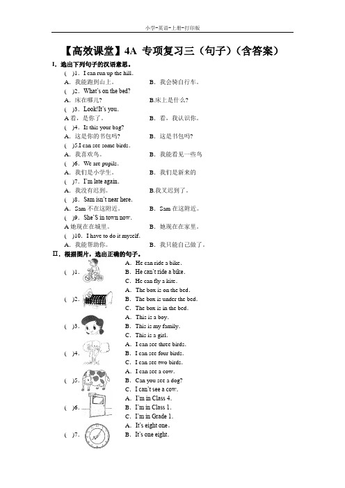 科普版-英语-四年级上册-4A 专项复习三(句子)(含答案)