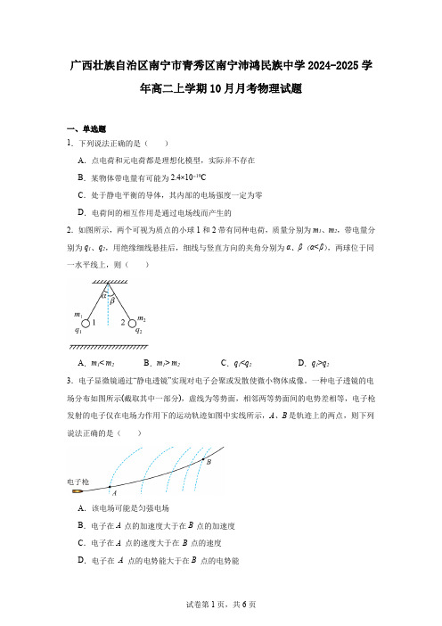 广西壮族自治区南宁市青秀区南宁沛鸿民族中学2024-2025学年高二上学期10月月考物理试题