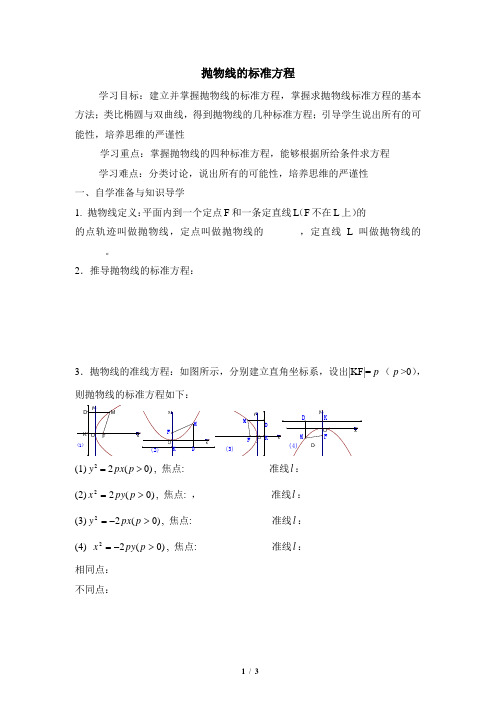 苏教版高中数学选修2-1《抛物线的标准方程》导学案1