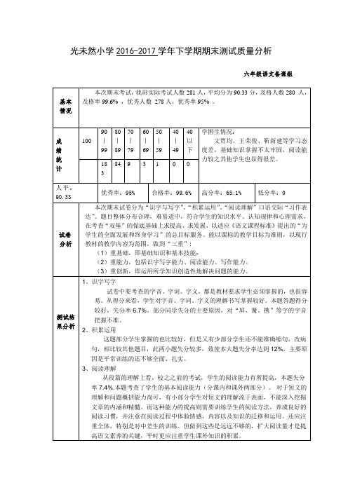 六年级语文期末质量分析表