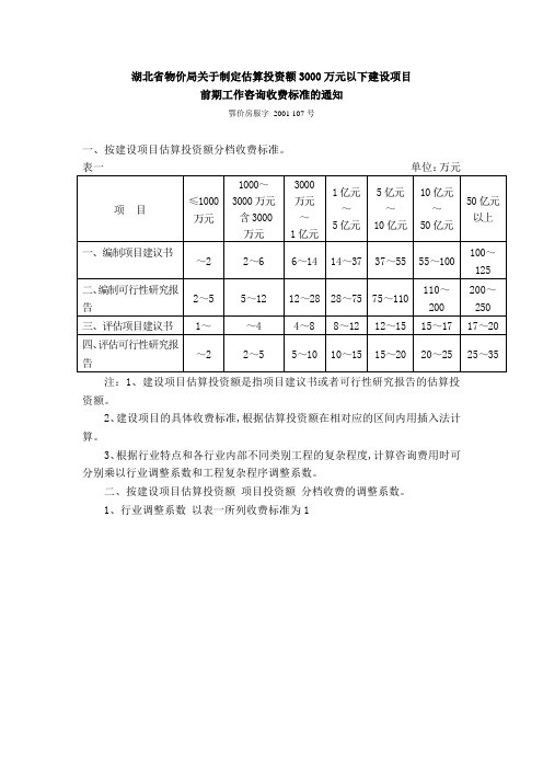 湖北万元以下建设项目前期工作咨询收费标准