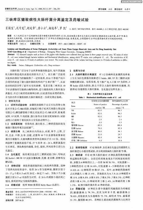 三峡库区猪致病性大肠杆菌分离鉴定及药敏试验