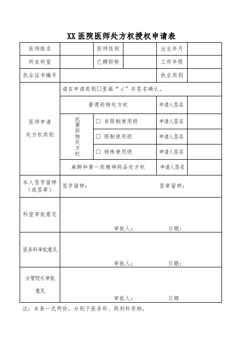 医院医师处方权授权申请表(简化版)