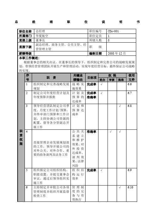 物流公司总经理职位说明书及关键绩效标准