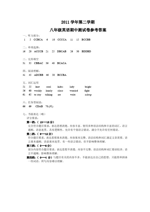 2011学年第二学期八年级英语期中测试卷参考答案