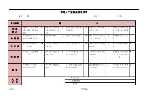 普通员工服务成绩考核表(办公文书模板)