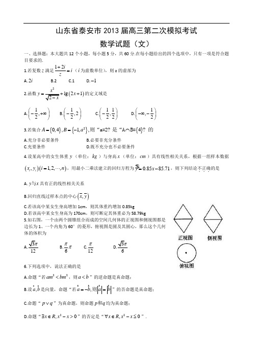 2013泰安二模文科数学试题