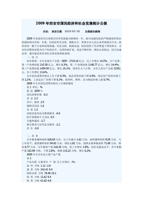 2009年西安市国民经济和社会发展统计公报