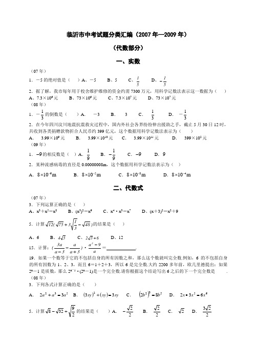 2007—2009临沂市中考数学试题分类(代数)