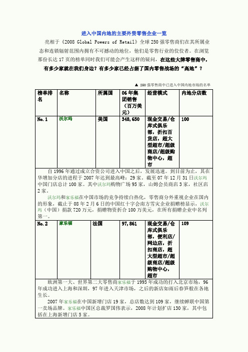 进入中国内地的主要外资零售企业一