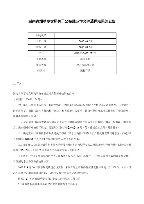 湖南省烟草专卖局关于公布规范性文件清理结果的公告-湘烟法[2008]271号