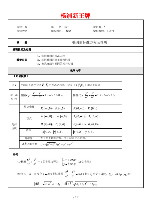 杨浦区暑假补习班新王牌高中数学王WI老师椭圆标准方程附性质