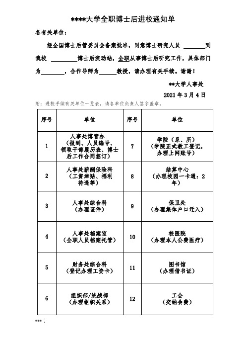 河海大学全职博士后进校通知单【模板】