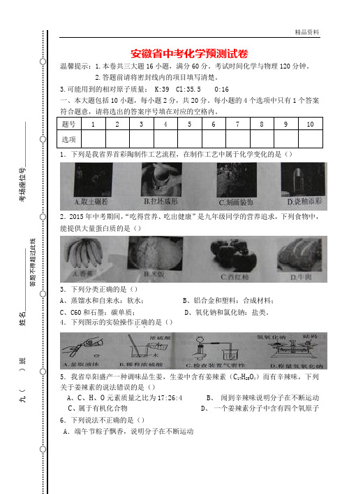 安徽省2020年中考化学预测试卷(含答案)