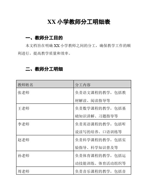 XX小学教师分工明细表