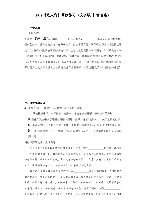 13.2《致大海》同步练习+2023-2024学年统编版高中语文选择性必修中册