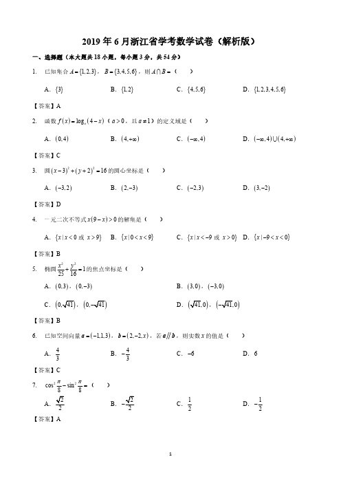 2019年6月浙江省学考数学试卷(解析版)