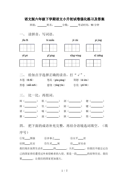 语文版六年级下学期语文小升初试卷强化练习及答案