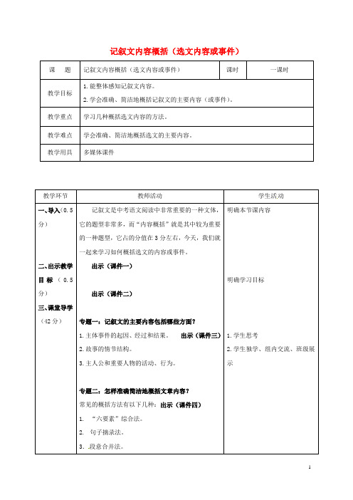 辽宁省恒仁满族自治县中考语文专题复习 记叙文 记叙文内容概括(内容或事件)教案