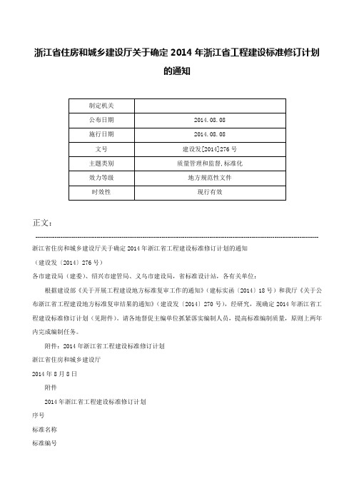 浙江省住房和城乡建设厅关于确定2014年浙江省工程建设标准修订计划的通知-建设发[2014]276号