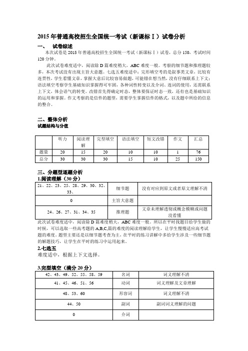 2015年普通高校招生全国统一考试试卷分析