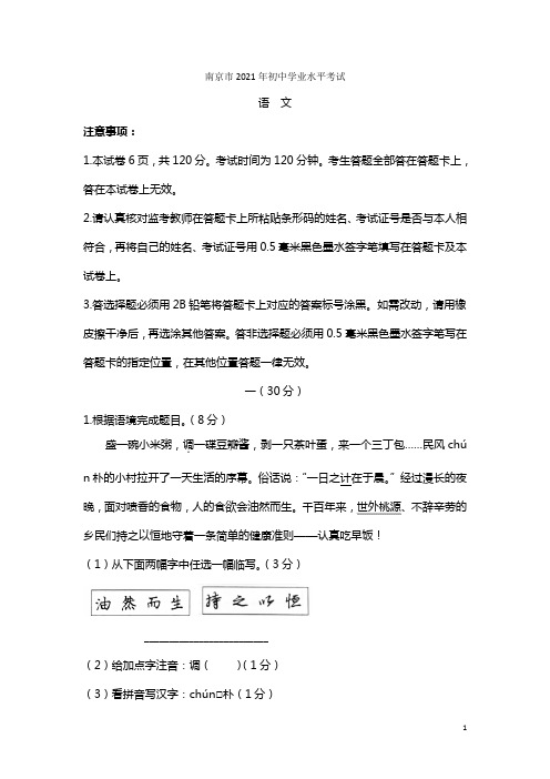 2021年江苏省南京市中考语文试题(含答案)