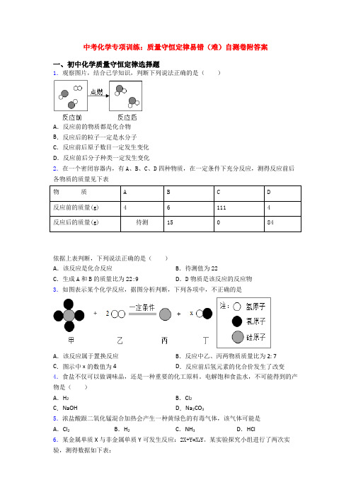 中考化学专项训练：质量守恒定律易错(难)自测卷附答案