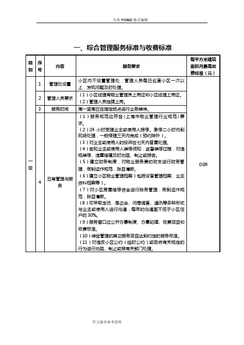 一、综合管理服务标准和收费标准表格