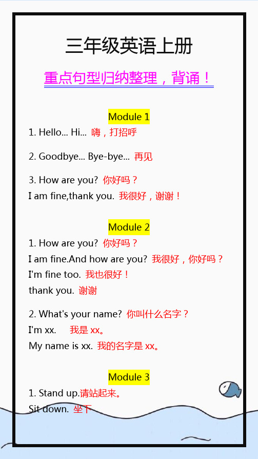 小学三年级英语上册重点句型归纳整理