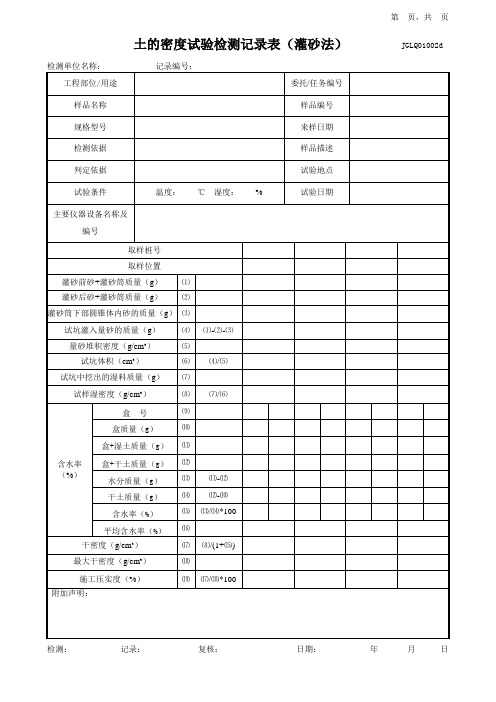 土的密度试验检测记录表(灌砂法)