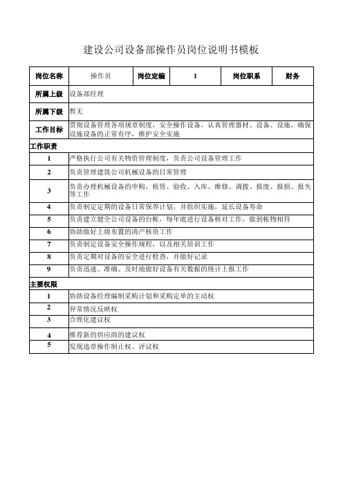 建设公司设备部操作员岗位说明书模板