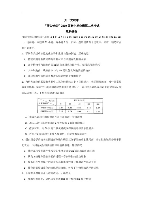 河南省天一大联考“顶尖计划”2019届高三第二次考试(2月)理科综合试卷