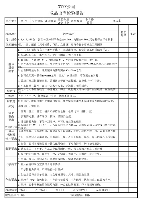 眼镜产品成品出库检验报告