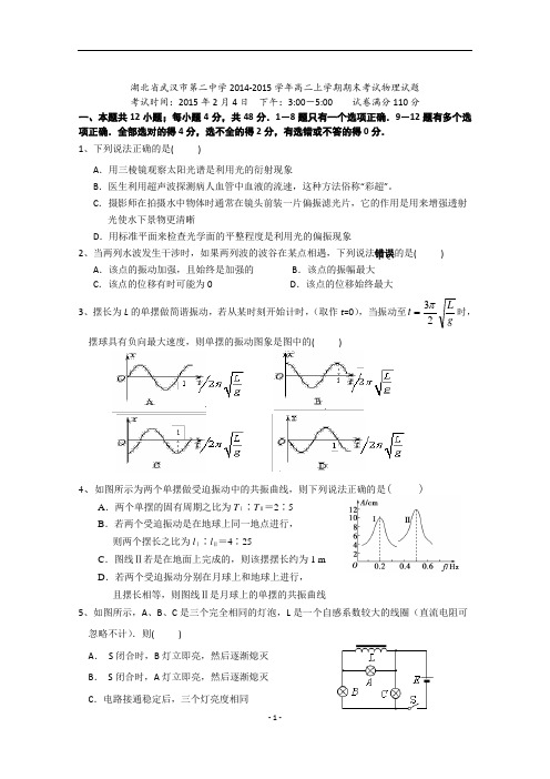 湖北省武汉市第二中学2014年高二上学期期末考试物理试题及答案