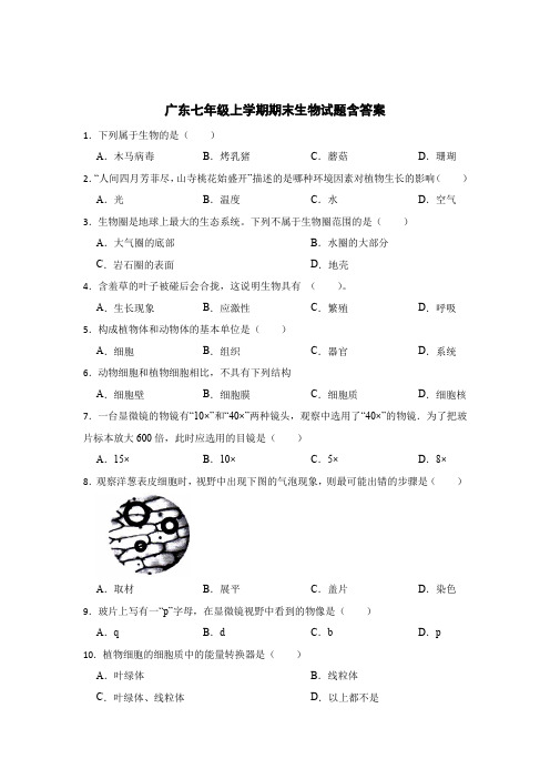 广东七年级上学期期末生物考试试卷含参考答案-5套