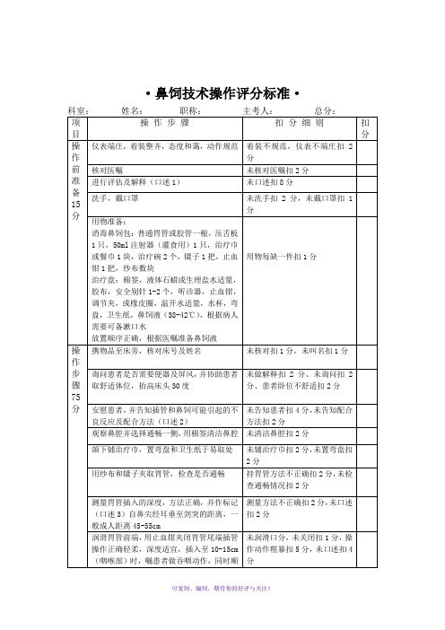 鼻饲技术操作评分标准